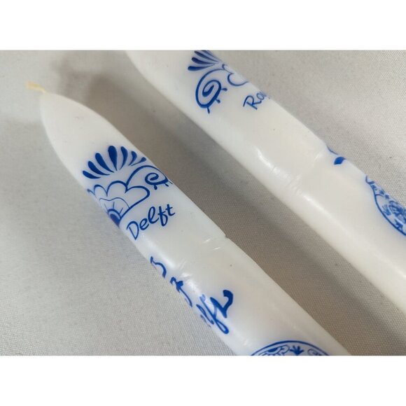 Antique yarn bobbin candlestick holder + 2 Delft blue candles Porceleyne fles, - Picture 9 of 10